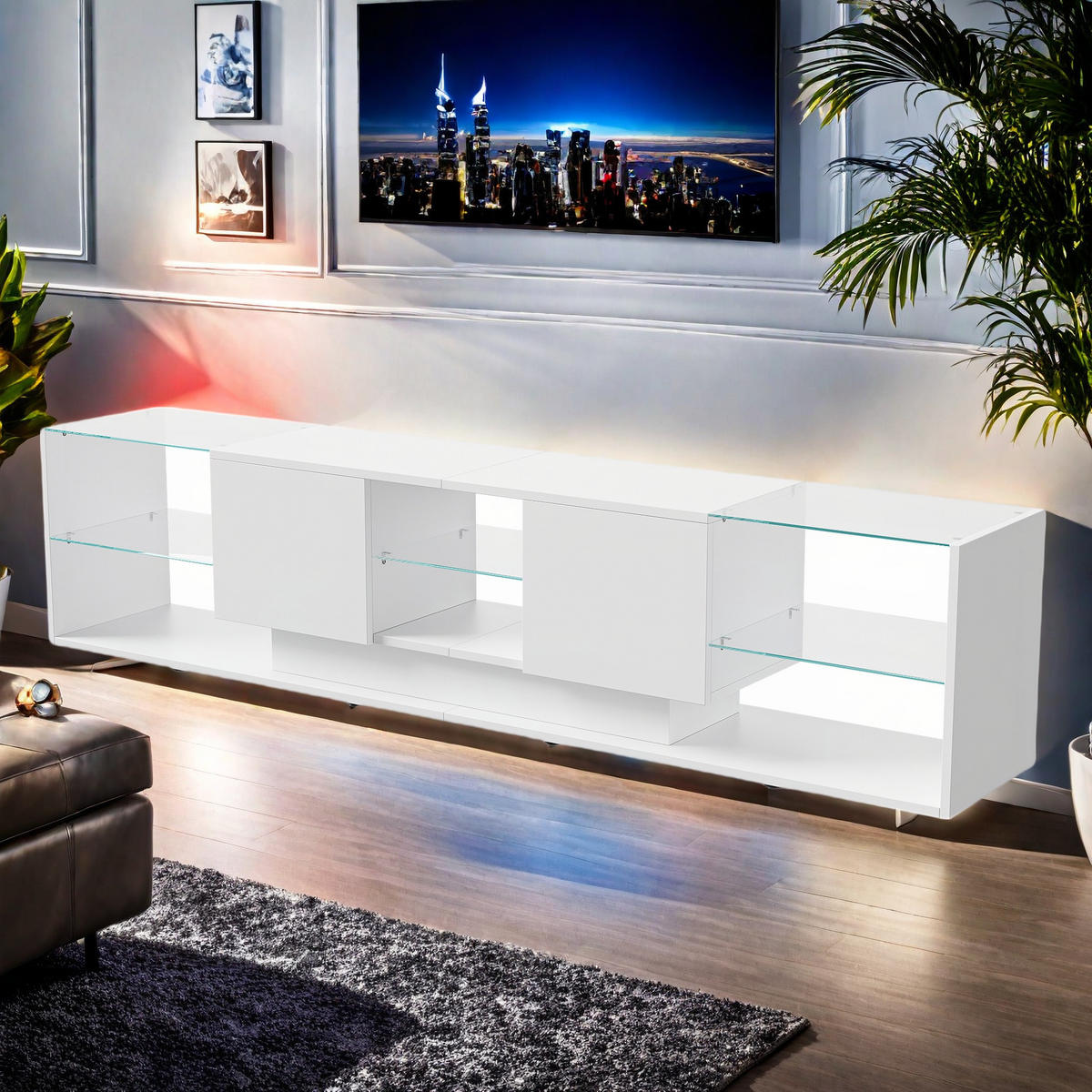 LED TV-TISCH 200CM WEIß MIT STAURAUM WOHNZIMMER - Weiß, Holzwerkstoff (35/45/200cm) - SHOPENTRA