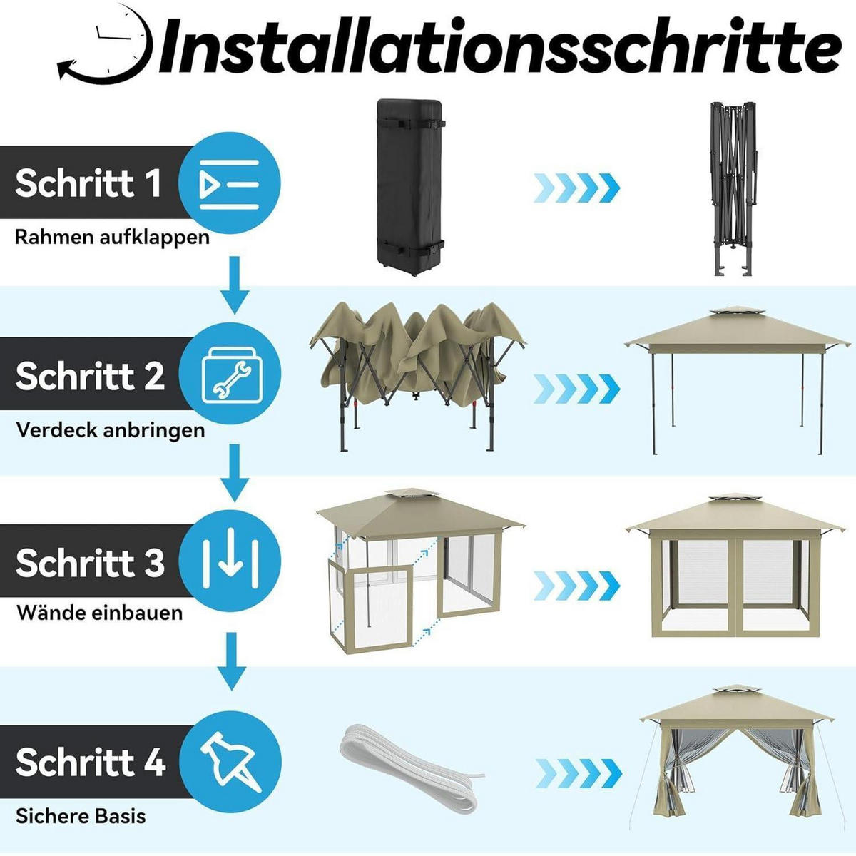 GARTENPAVILLON 4 x 4 m mit Moskitonetz Khaki - Olivgrün, Metall (400/285/400cm)