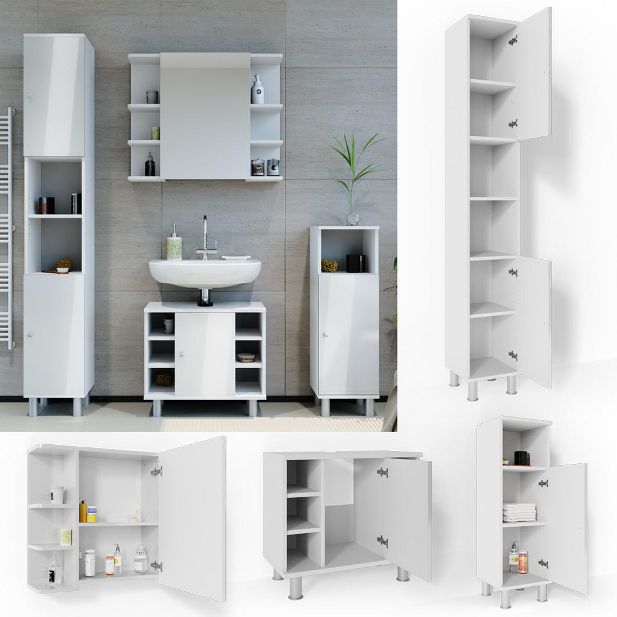 BADMÖBEL-SET Fynn Weiß Hochglanz 4 Teile - Weiß Hochglanz/Weiß, Holzwerkstoff (60/54/32cm) - Vicco
