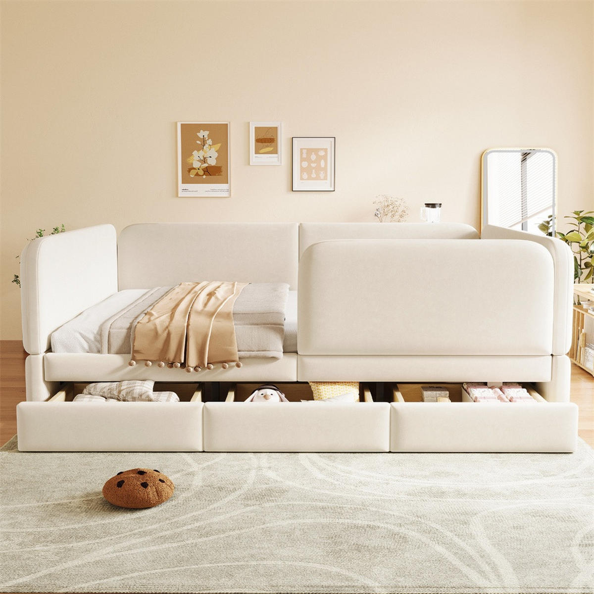 POLSTERBETT 140x200 cm mit Rundum-Sicherheitsumrandung & 3 Schubladen - Beige - Samt - ohne Matratze - Beige, Textil (140/200cm) - DELFA