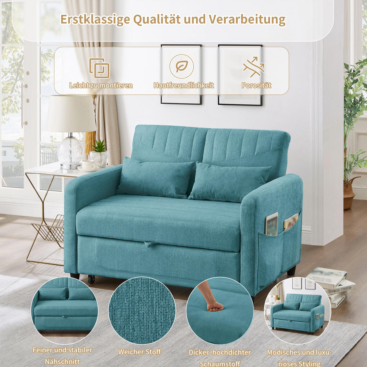 SCHLAFSOFA Baumwoll-Leinen mit Ausziehfunktion und verstellbarer Rückenlehne Antik Blaugrün 114/77/82,5 cm - Türkis, Textil (77/82.5/114cm) - Redom