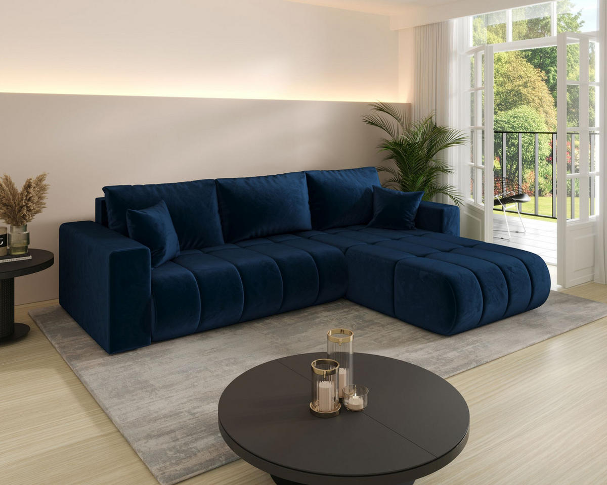 ECKSOFA LARA PREMIUM rechts dunkelblau Velours Monolith 77 - Schlaffunktion, Bettkasten - Dunkelblau, Textil (280/174cm) - Cornero