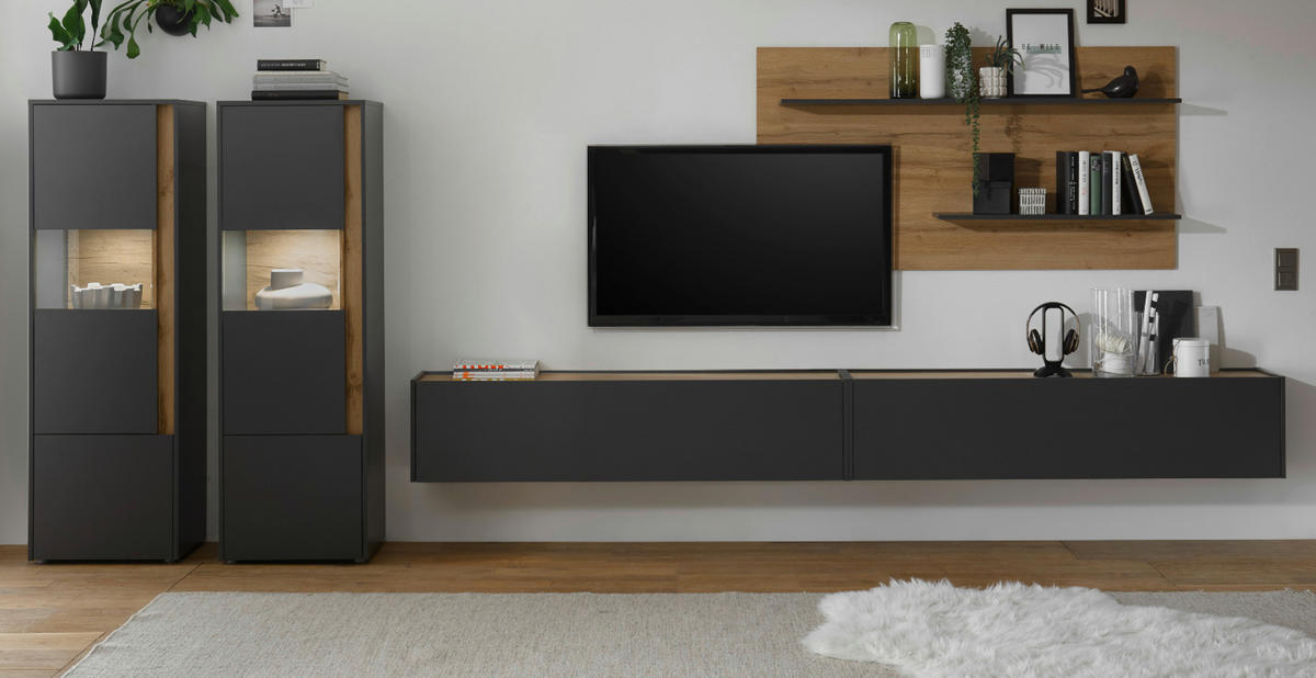 WOHNWAND 5-teilig grau matt, Eiche Wotan 440 cm, Schrankwand mit XXL-TV-Schrank - Eiche Wotan/Grau, Glas/Holz (440/180/40cm) - Furn.Design