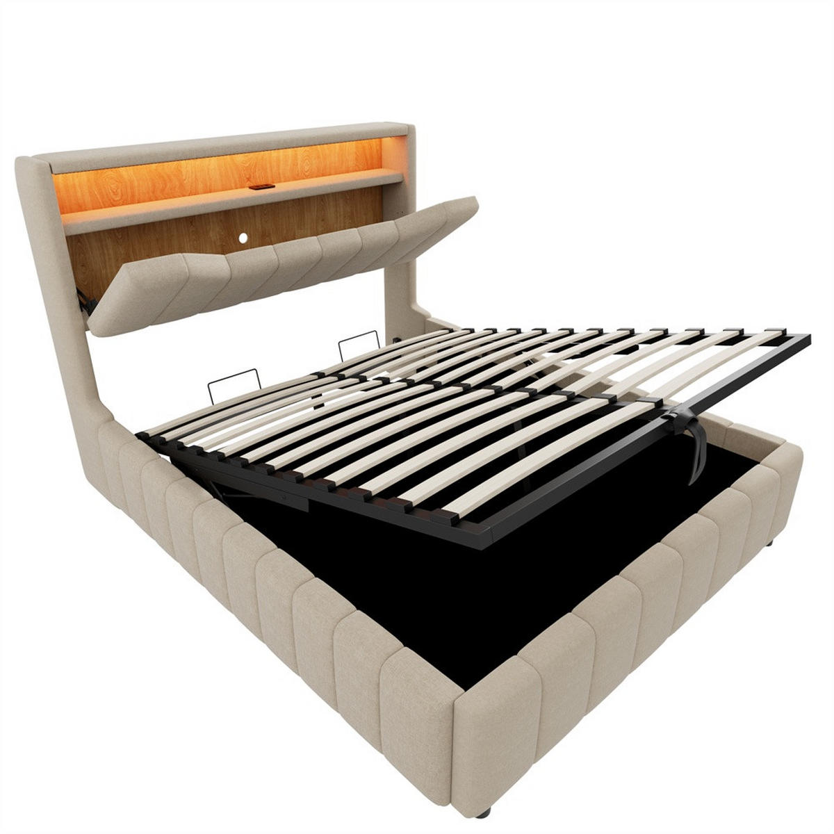 POLSTERBETT 140x200 cm mit hydraulischem Stauraum - klappbarem Kopfteil, LED & USB - Beige - ohne Matratze - Beige, Textil (140/200cm) - DELFA