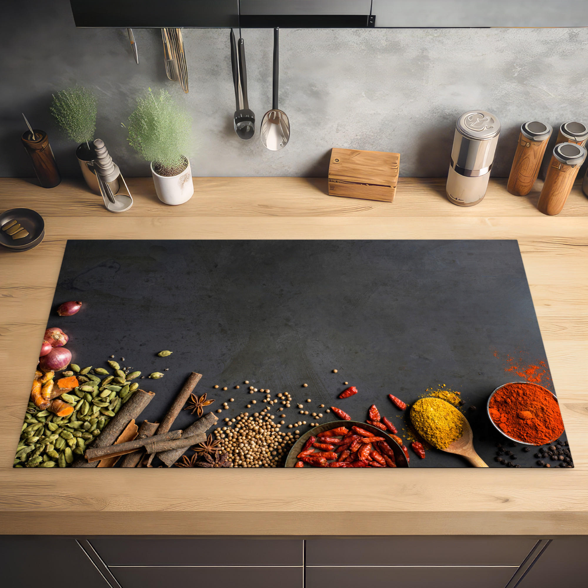 HERDABDECKPLATTE Kräuter - Lebensmittel - Gewürze - Schwarz - Paprika - Zimt 90x52 cm - Currygelb, Kunststoff (90/0.2/52cm) - MuchoWow