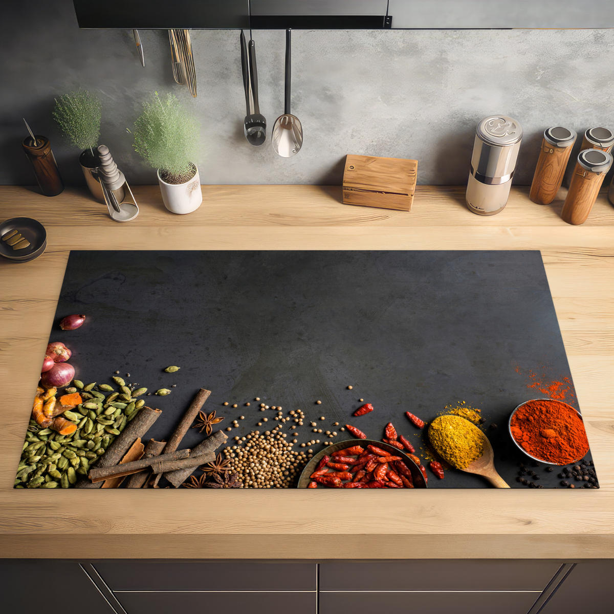 HERDABDECKPLATTE Kräuter - Lebensmittel - Gewürze - Schwarz - Paprika - Zimt 90x52 cm - Currygelb, Kunststoff (90/0.2/52cm) - MuchoWow