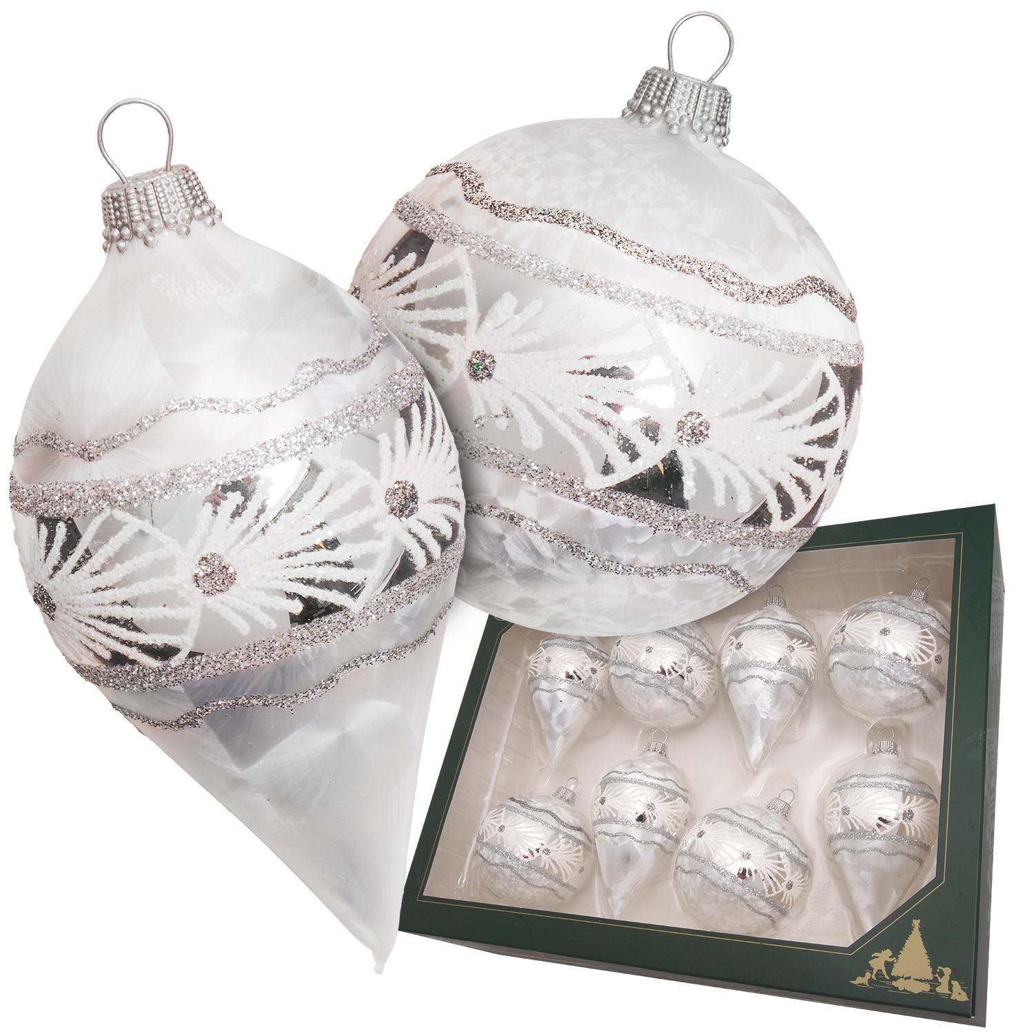 CHRISTBAUMKUGELN Eislack Glitter Dekor Weiß 7cm (Glas / 8 Stk.) - Weiß, Glas (7/7/7cm) - Krebs Glas Lauscha