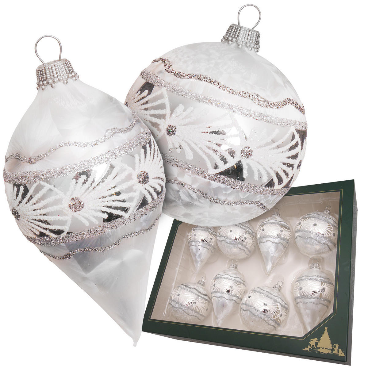 CHRISTBAUMKUGELN Eislack Glitter Dekor Weiß 7cm (Glas / 8 Stk.) - Weiß, Glas (7/7/7cm) - Krebs Glas Lauscha