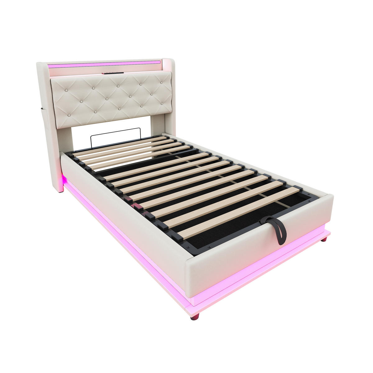 STAURRAUMBETT 90/200 cm DE-01979, in Beige, mit LED, USB und Hydraulik - Beige, Metall (90/200cm) - ComfortXL