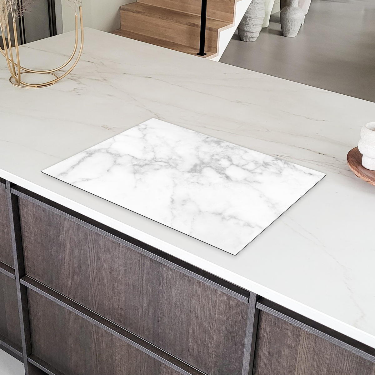 HERDABDECKPLATTE Marmor - Grau - Weiß - Strukturierter Marmor Ceranfeldabdeckung 78x52 cm - Weiß, Kunststoff (78/52/0.2cm) - MuchoWow