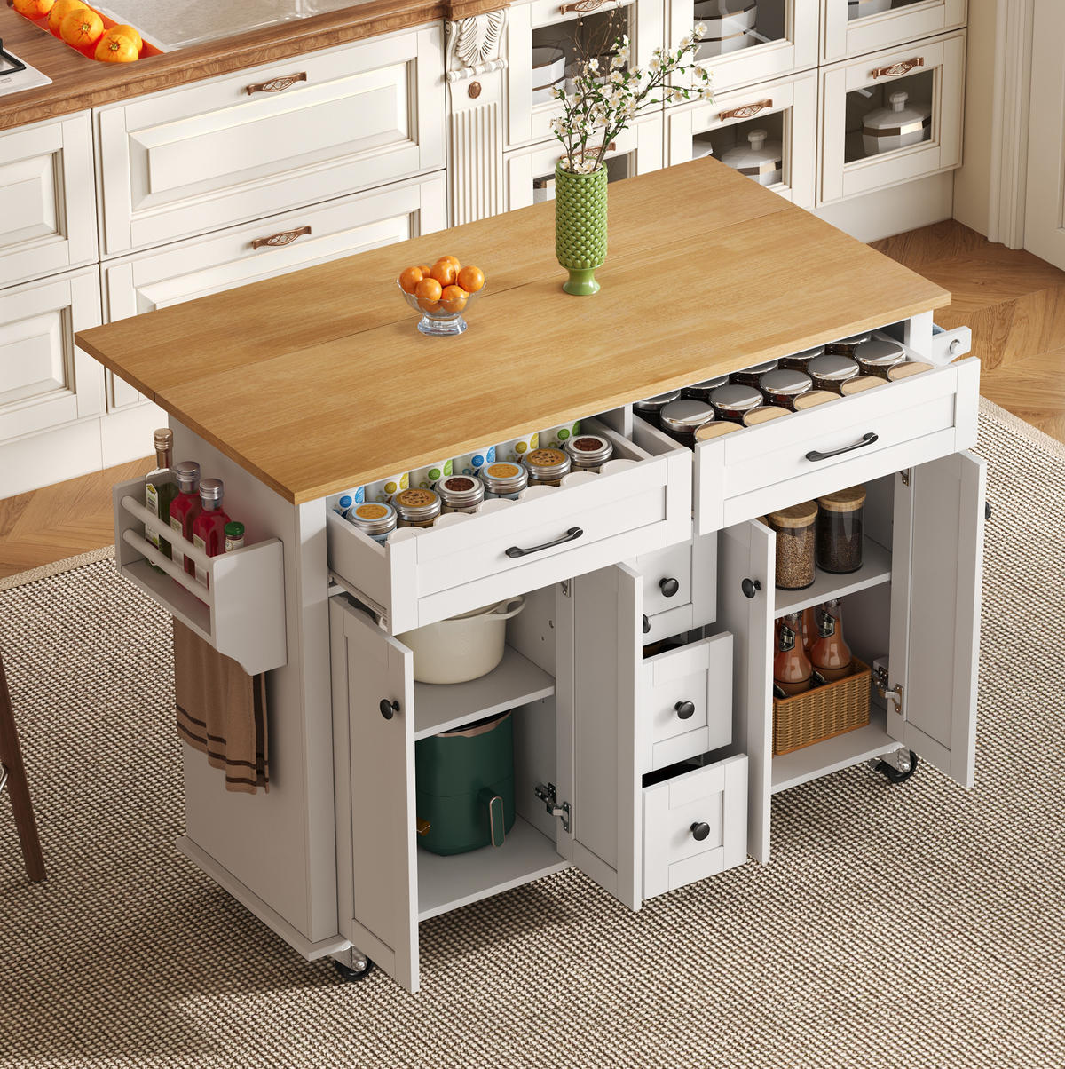 KÜCHENINSEL 140/89/40 cm Weiß/Natur aus MDF mit klappbarer Arbeitsplatte - Weiß, Holzwerkstoff (65/89/140cm) - OKMYHOME