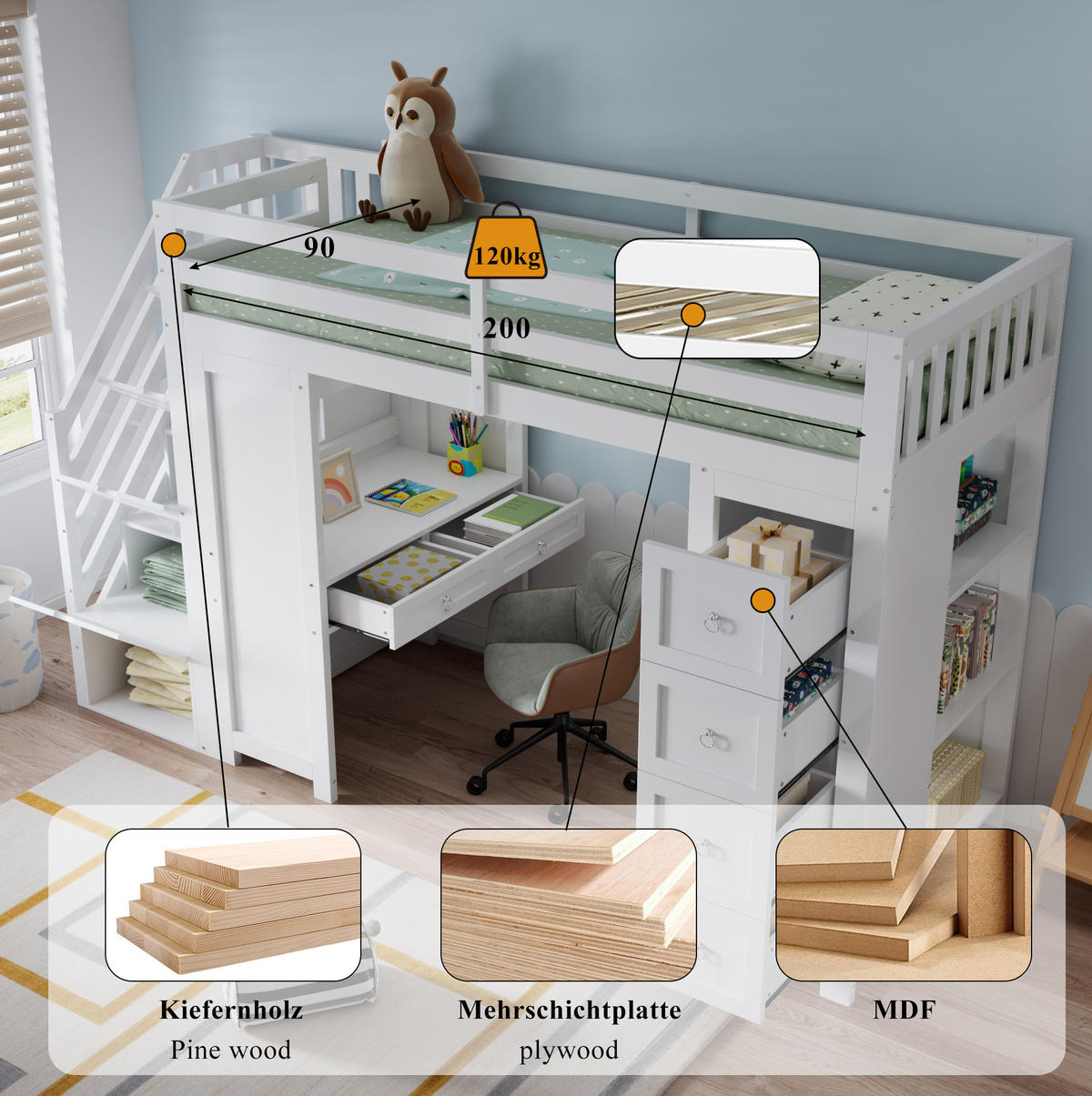 HOCHBETT 90x200 cm in Weiß mit Schreibtisch, Stauraumtreppe und Schubladen - Weiß, Holz (90/200cm) - IVMEU