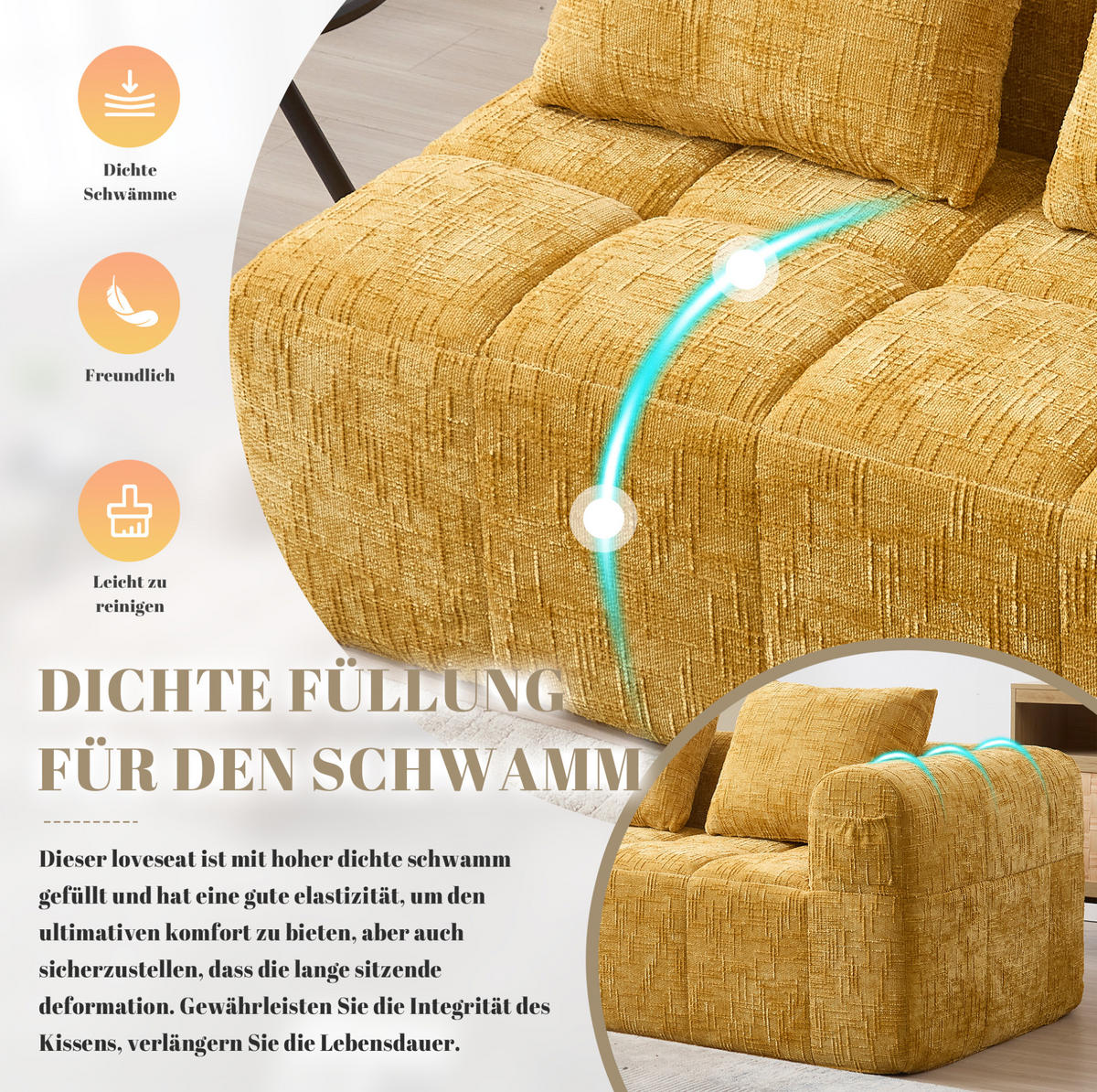 SOFA od chenille tkanine, 158/90/60 cm žuta, s bočnim džepovima - žuta, tekstil (60/160/90cm) - BEAOK