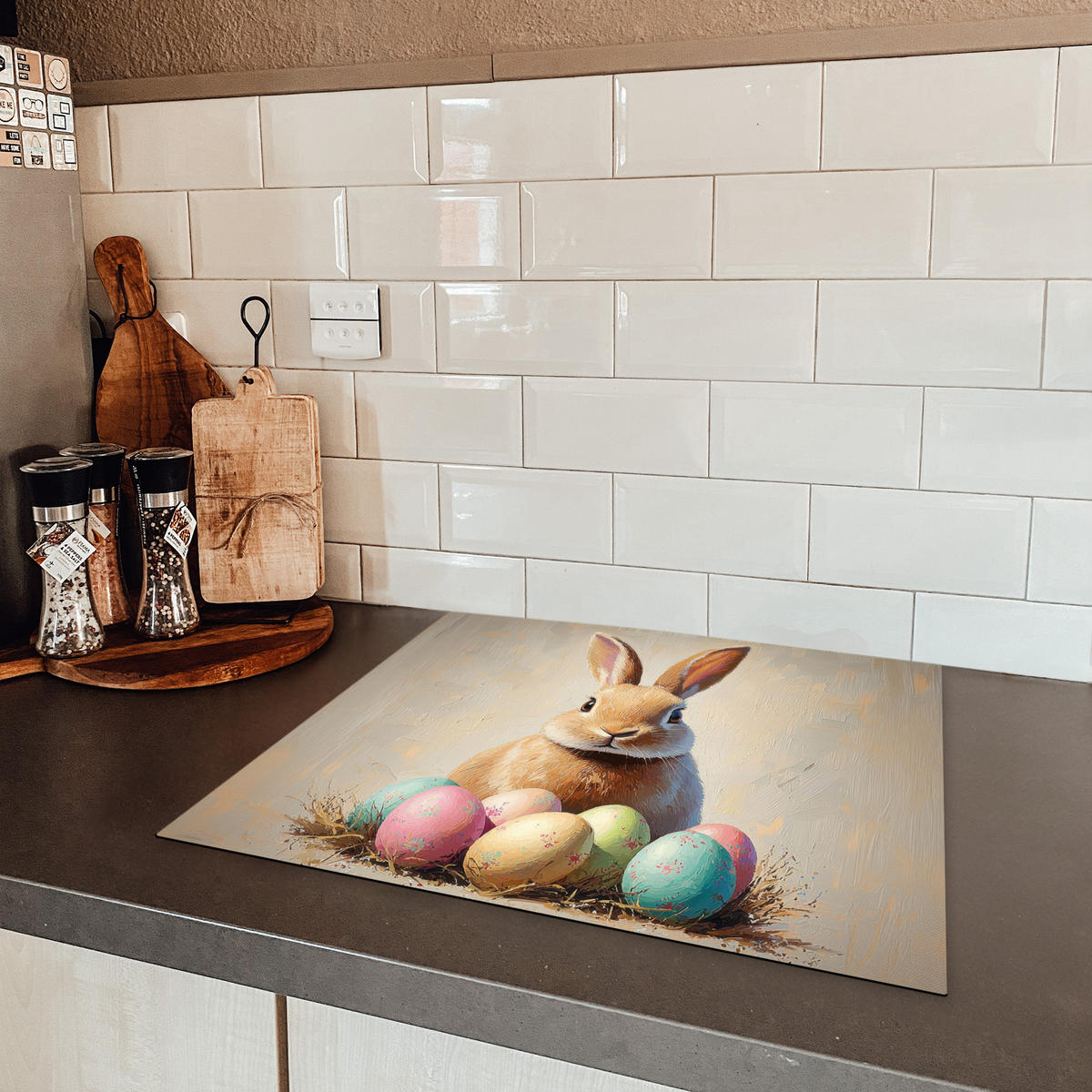 HERDABDECKPLATTE Osterhase - Pastell - Eier Abdeckung Ceranfeld 57.6x51.6 cm - Beige, Kunststoff (57.6/51.6/0.2cm) - MuchoWow