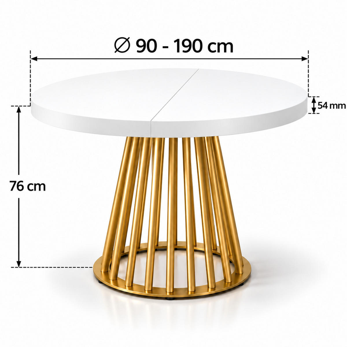 ESSTISCH rund ausziehbar 90/190/76 cm, Weiß, 54 cm Tischplatte + Lamellen-Metallgestell Gold - Goldfarben/Weiß, Holzwerkstoff/Metall (90/190/76cm) - Damale Möbel