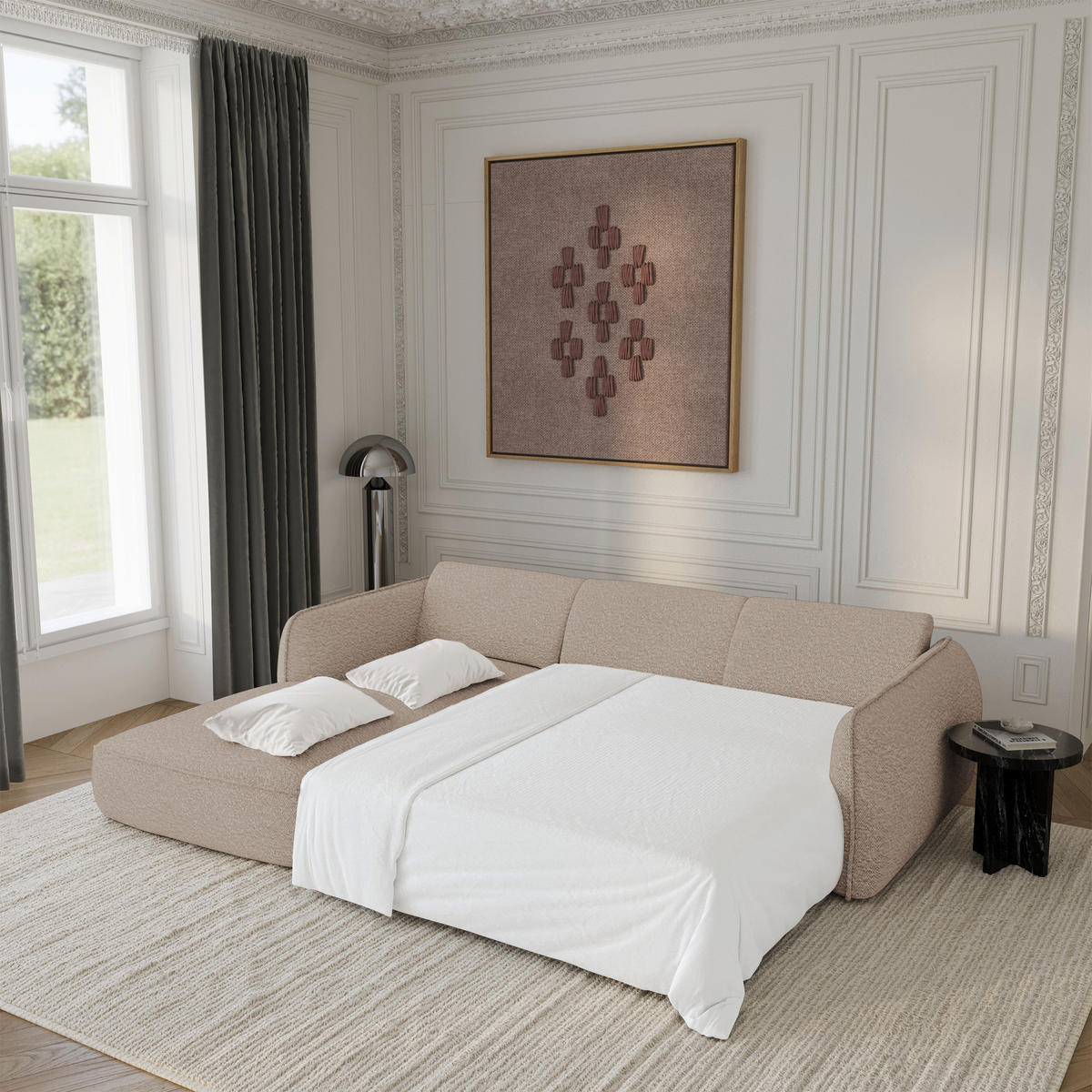 ECKSCHLAFSOFA Bouclé-Stoff 274cm - Beige, Textil (274/174cm) - Sia Home