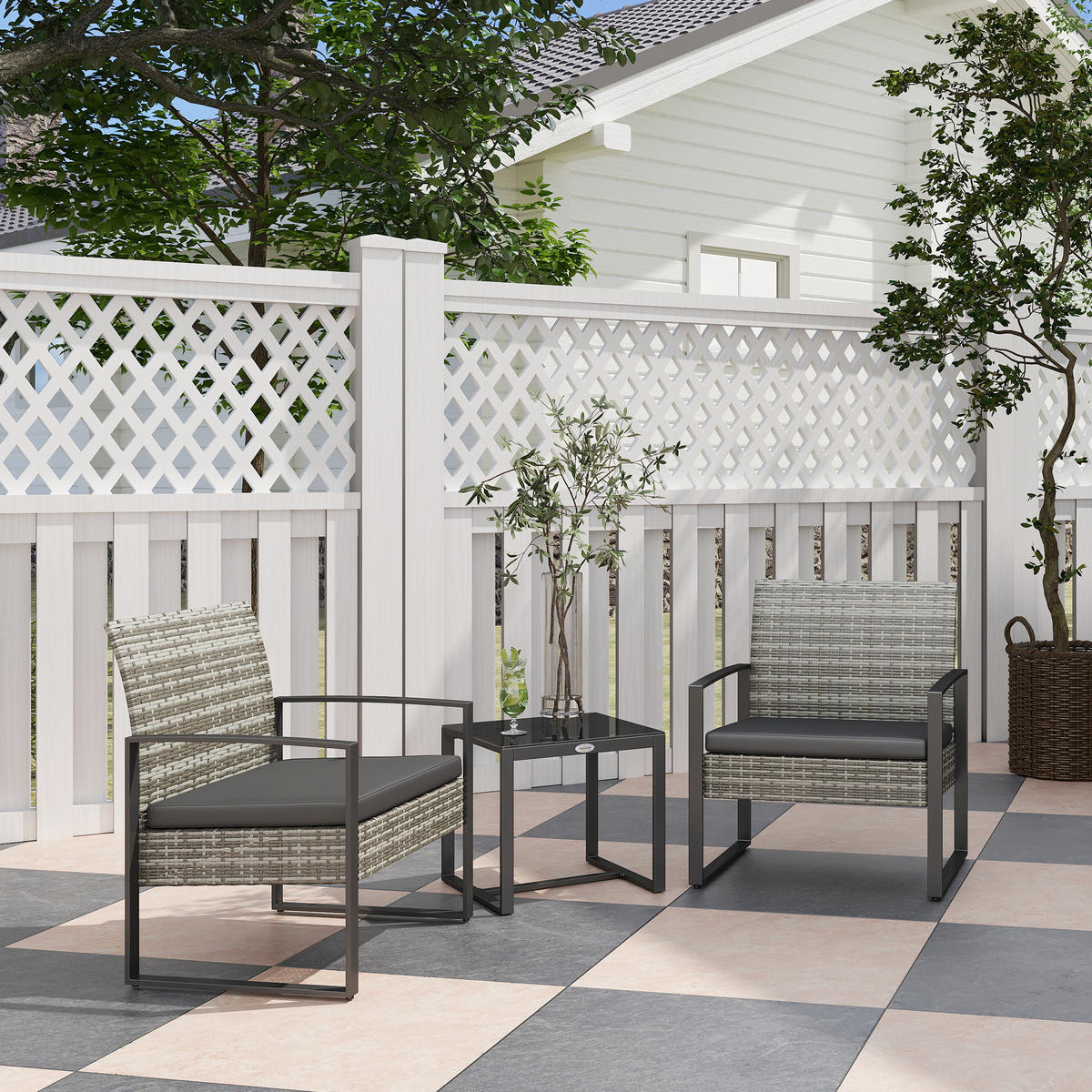 GARTENSET DE-13602 2 Stühle mit Kissen, Glastisch Hellgrau - Hellgrau, Metall - ComfortXL