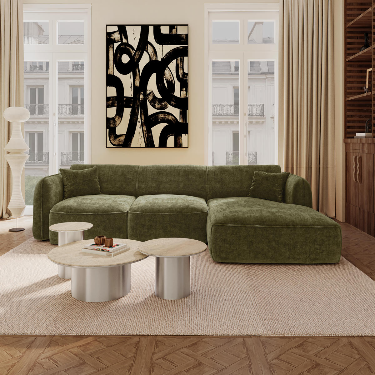 ECKSOFA rechtwinklig LOMI Geprägter Samt Vintage-Grün 274cm - Dunkelgrün/Grün, Textil (274/174cm) - Premium Interiors