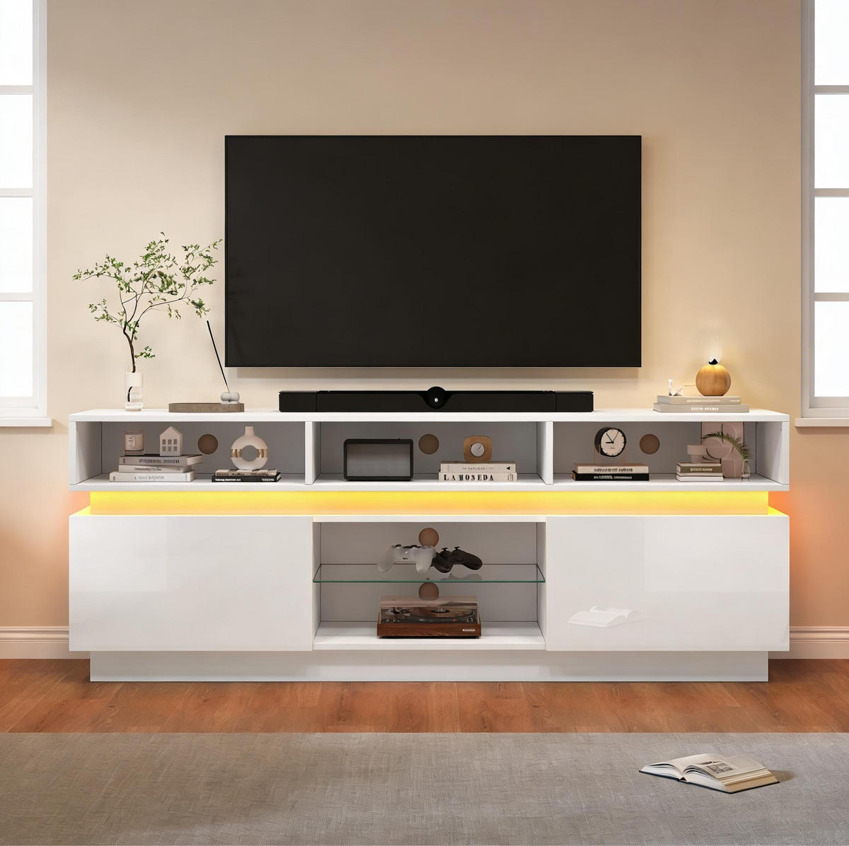 TV-ELEMENT mit 10 Fächern 160 x 35 x 60 cm MDF Weiß mit LED - Weiß, Holzwerkstoff (35/60/160cm) - Beauniv