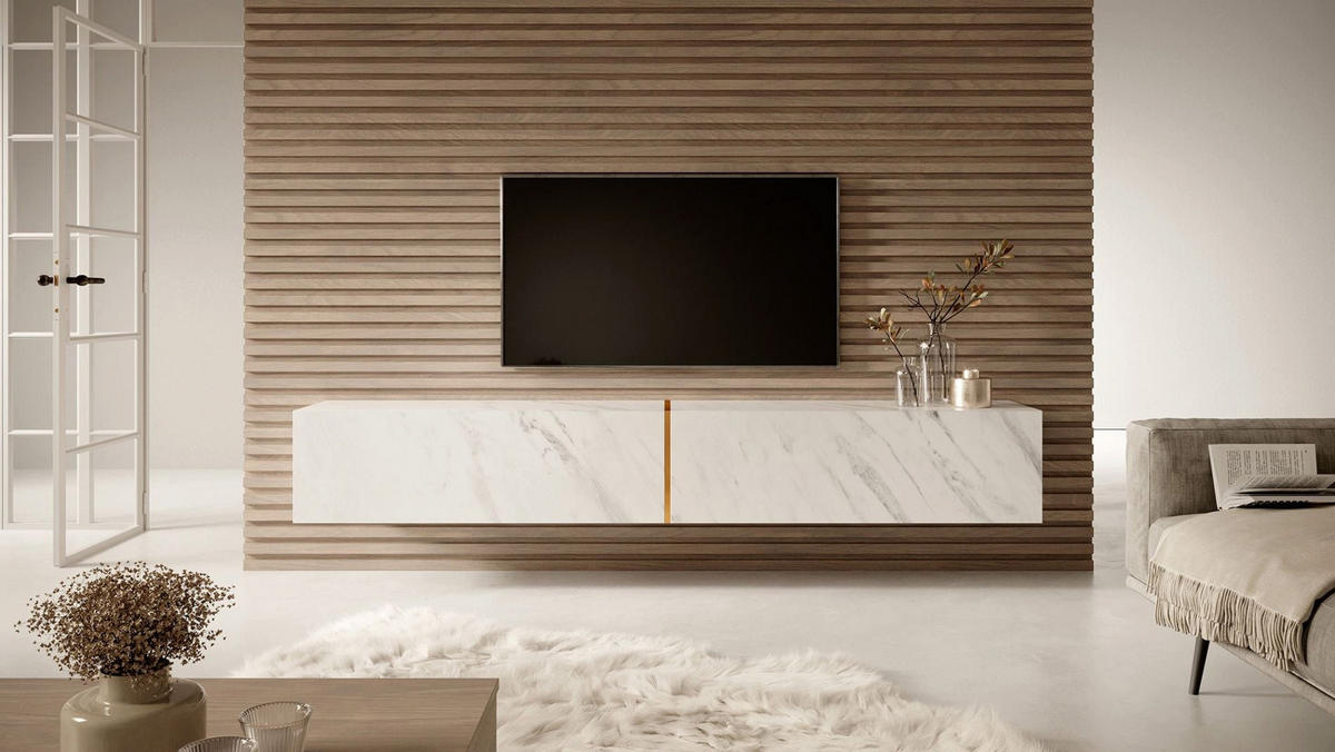 TV-LOWBOARD Bisira Weiße Marmoroptik / Gold 200/30/32 cm - Weiß, Holzwerkstoff (200/30/31.6cm) - Selsey