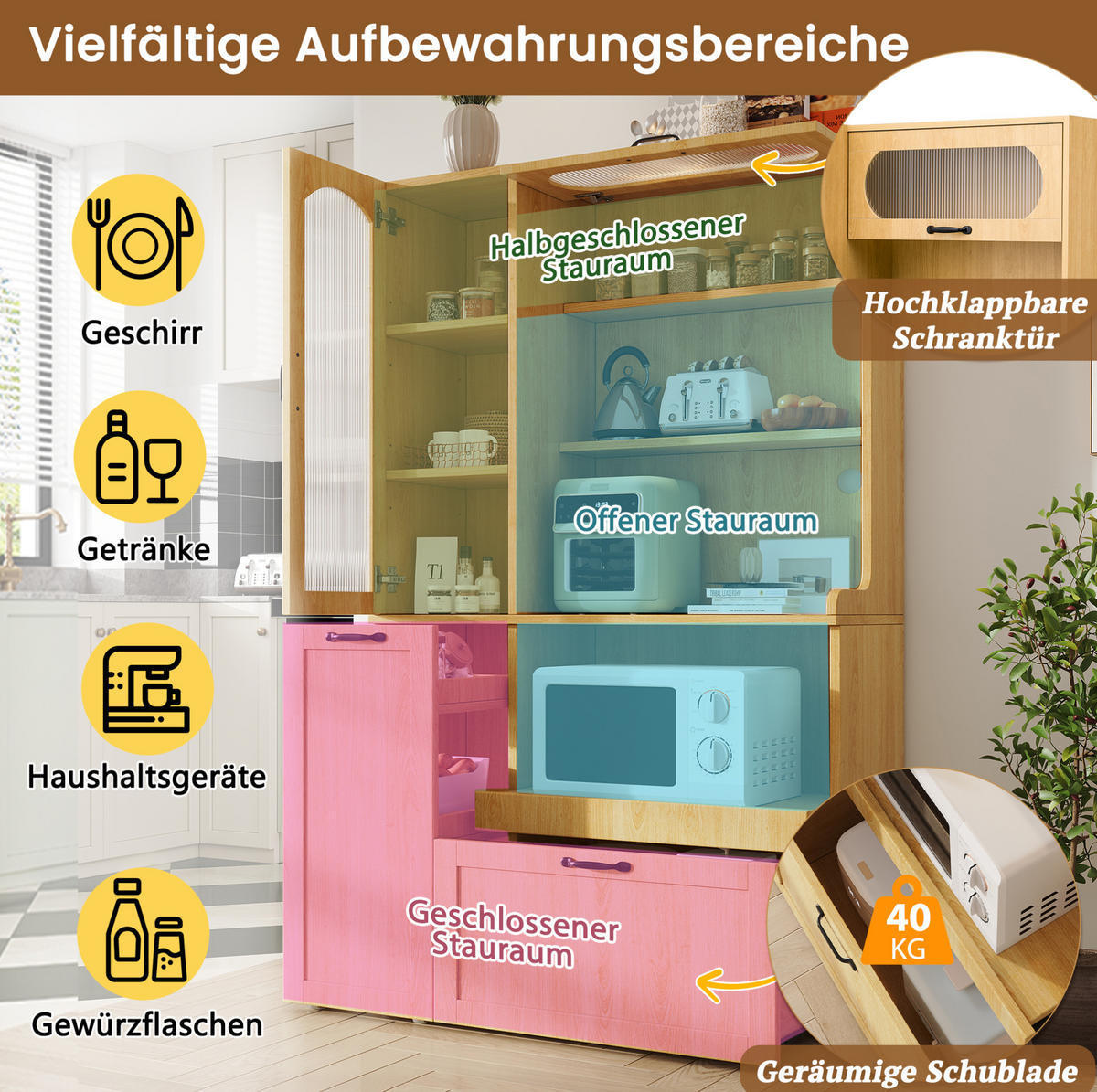 HIGHBOARD 98/40/177 cm mit verstellbaren Einlegeböden, Schublade und Ausziehfläche aus MDF, Natur - Naturfarben, Holzwerkstoff (98/177/40cm) - Redom