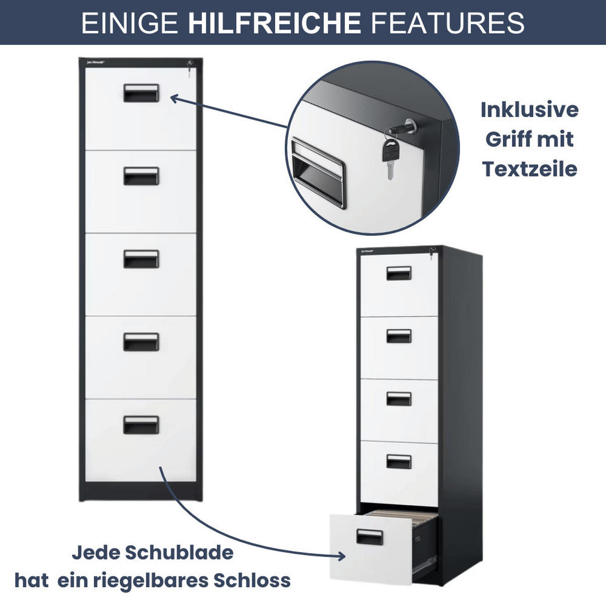 HÄNGEREGISTERSCHRANK abschließbar TION 5 Schubladen 163x46x62cm Anthrazit-Weiß - Anthrazit, Metall (46/163/62cm) - DELUKE