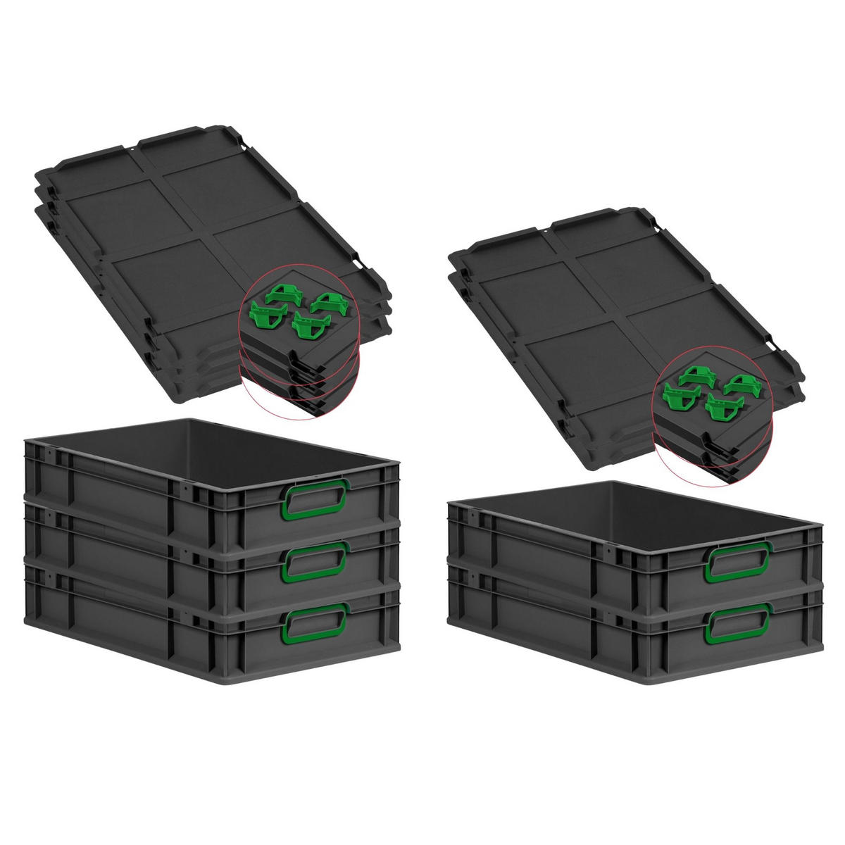 EUROBOX 5x NextGen Color mit Auflagedeckel 12x40x60 cm 23 Liter Schwarz Griffe grün zu - Schwarz/Grün, Kunststoff (40/12/60cm) - PROREGAL