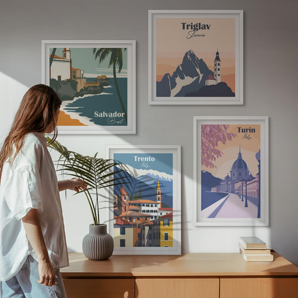 BILDER SET 4er Set - 50x50 cm & 40x60 cm Weißer Rahmen - Illustrationen zur Retro-Architektur der Berge - Weiß, Kunststoff (50/50cm) - TULUP