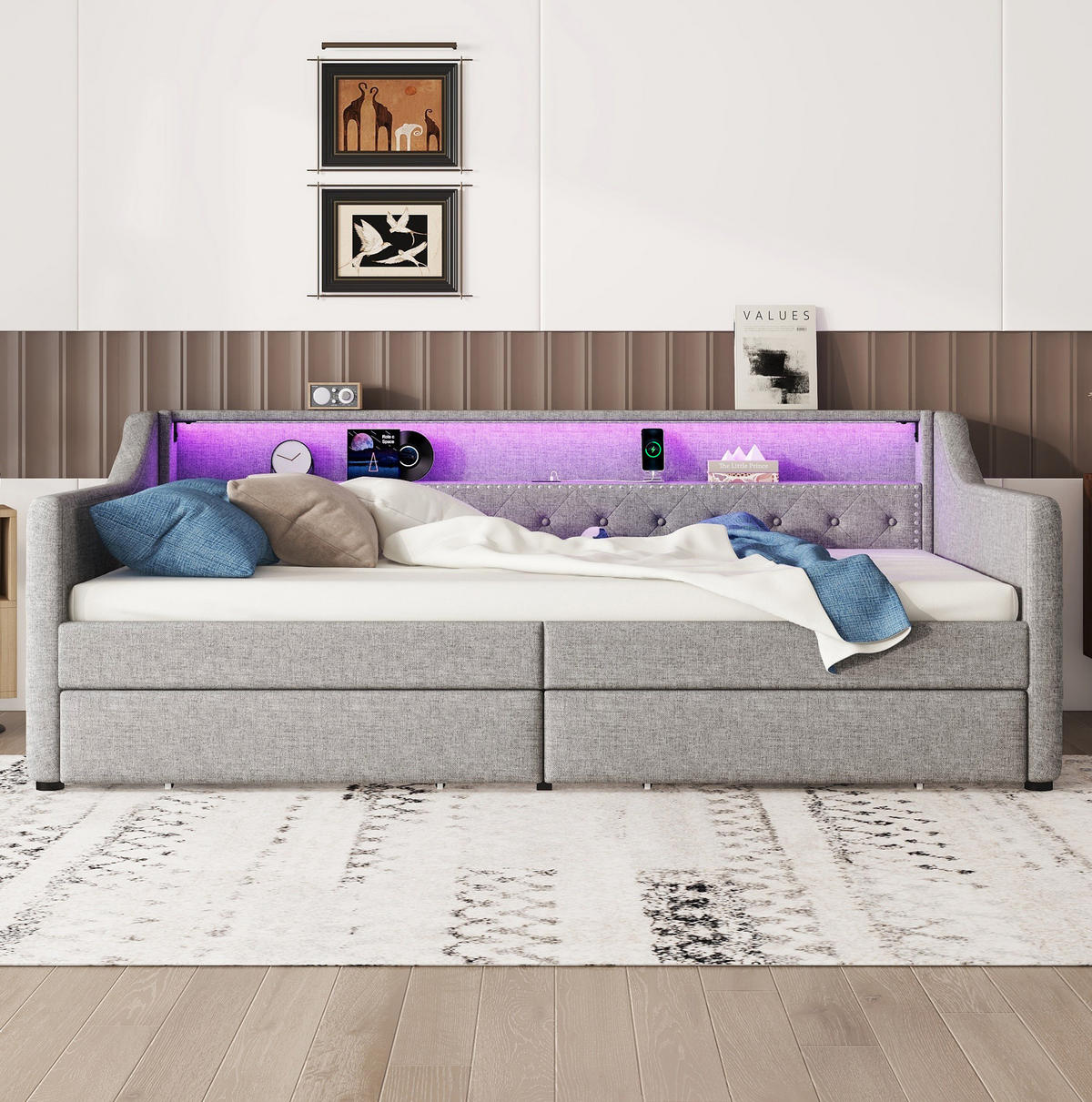 DENNÁ posteľ 90/200 cm sivá z ľanu a MDF s LED osvetlením USB portom a 2 zásuvkami - sivá, textil (90/200cm) - OKWISH