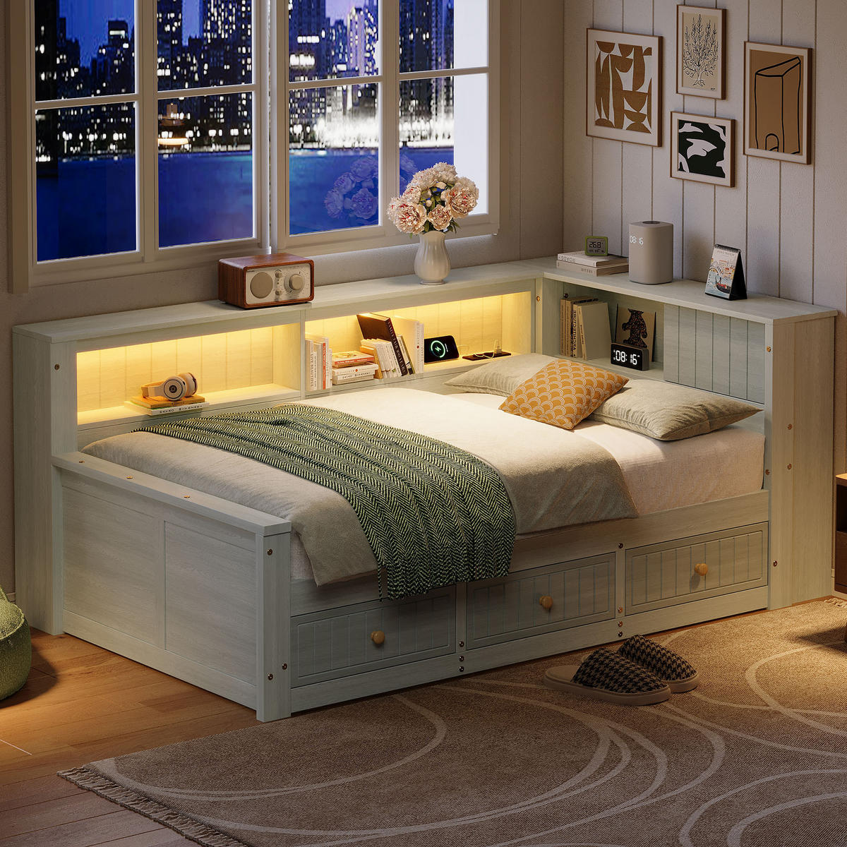 STAURAUMBETT 90/200 cm DE-03353, mit Ablagefächern, 3 Schubladen und LED, in Grau - Grau, Holz/Holzwerkstoff (90/200cm) - ComfortXL