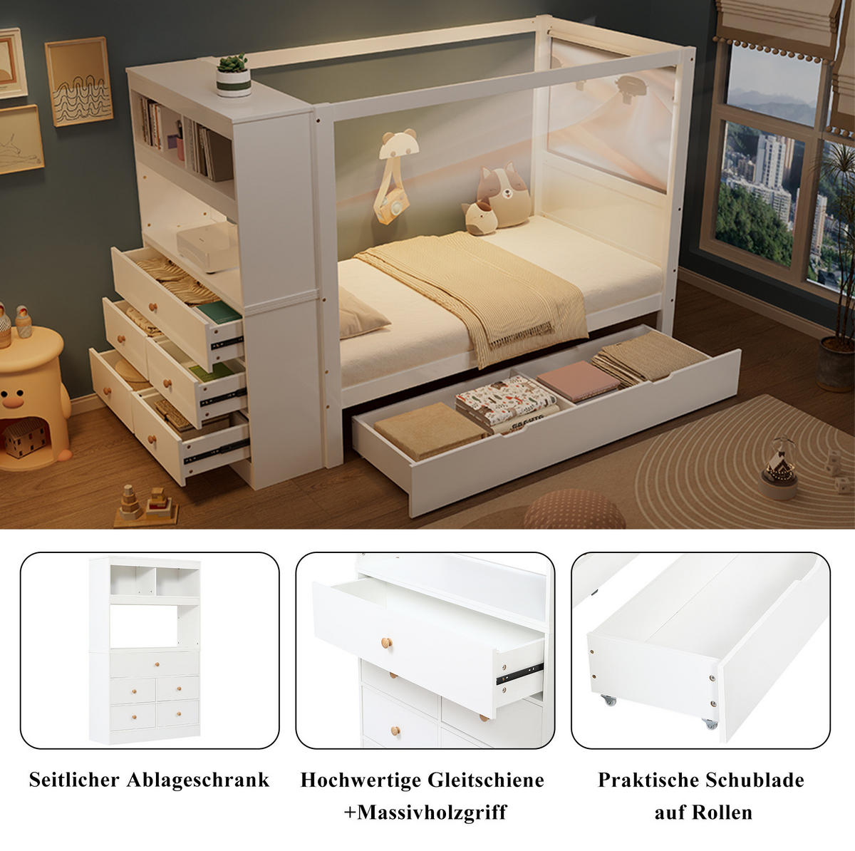 KINDERBETT 90/200 cm Weiß mit Fallschutz, Stauraum und 5 Schubladen - Weiß, Holzwerkstoff (90/200cm) - Flora Grace