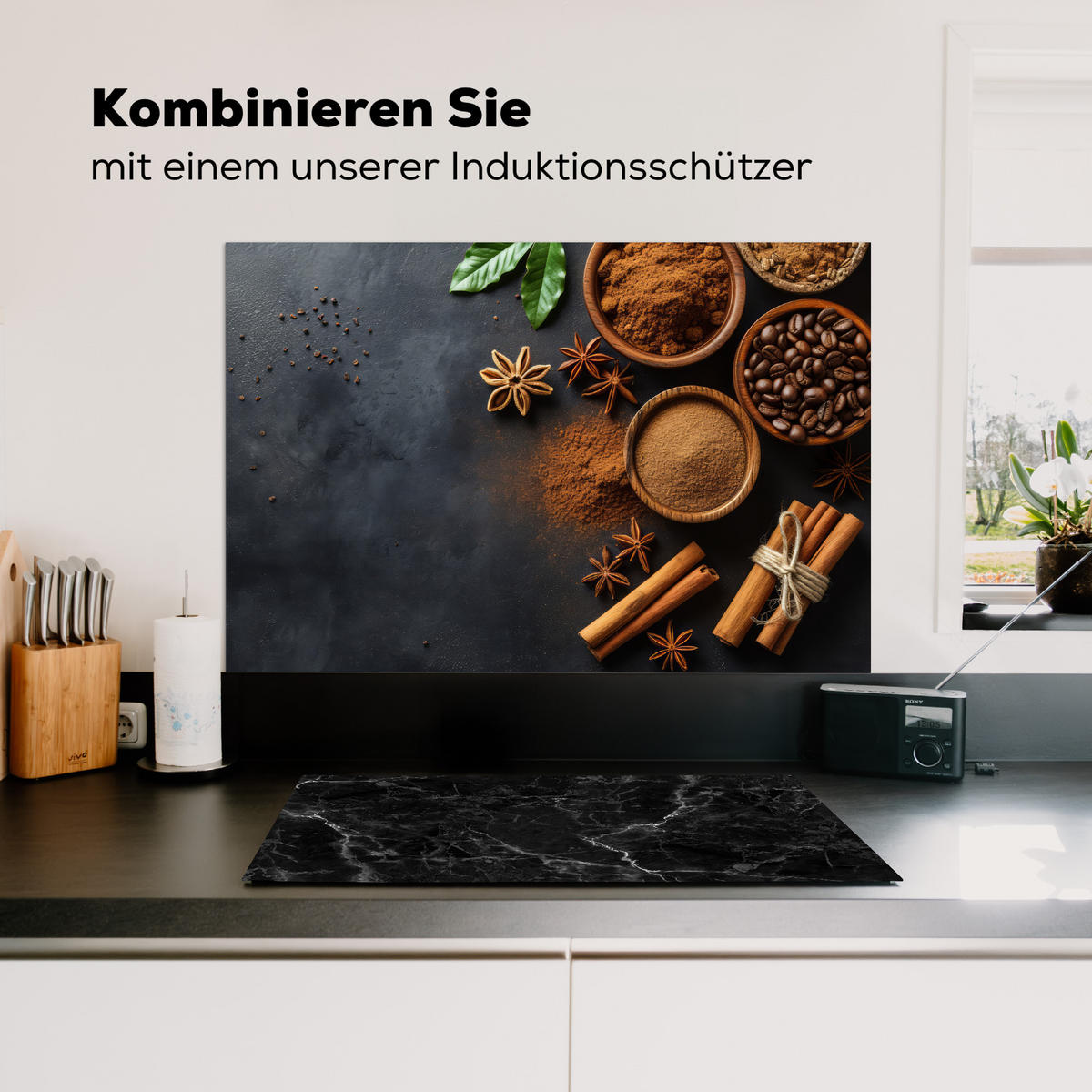 SPRITZSCHUTZ KÜCHE Zimt - Beton - Kaffee - Zimtstangen - Gewürze 90x60 cm - Mokka, Metall (90/0.3/60cm) - MuchoWow