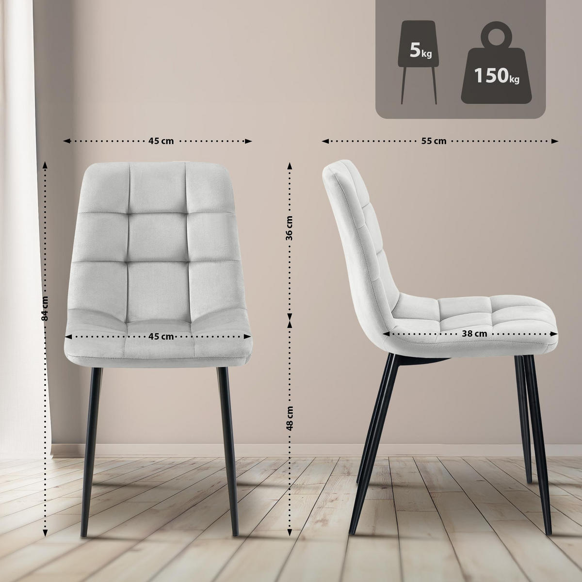 STUHL Samt Grau - Schwarz/Grau, Textil/Metall (45/84/55cm) - CLP
