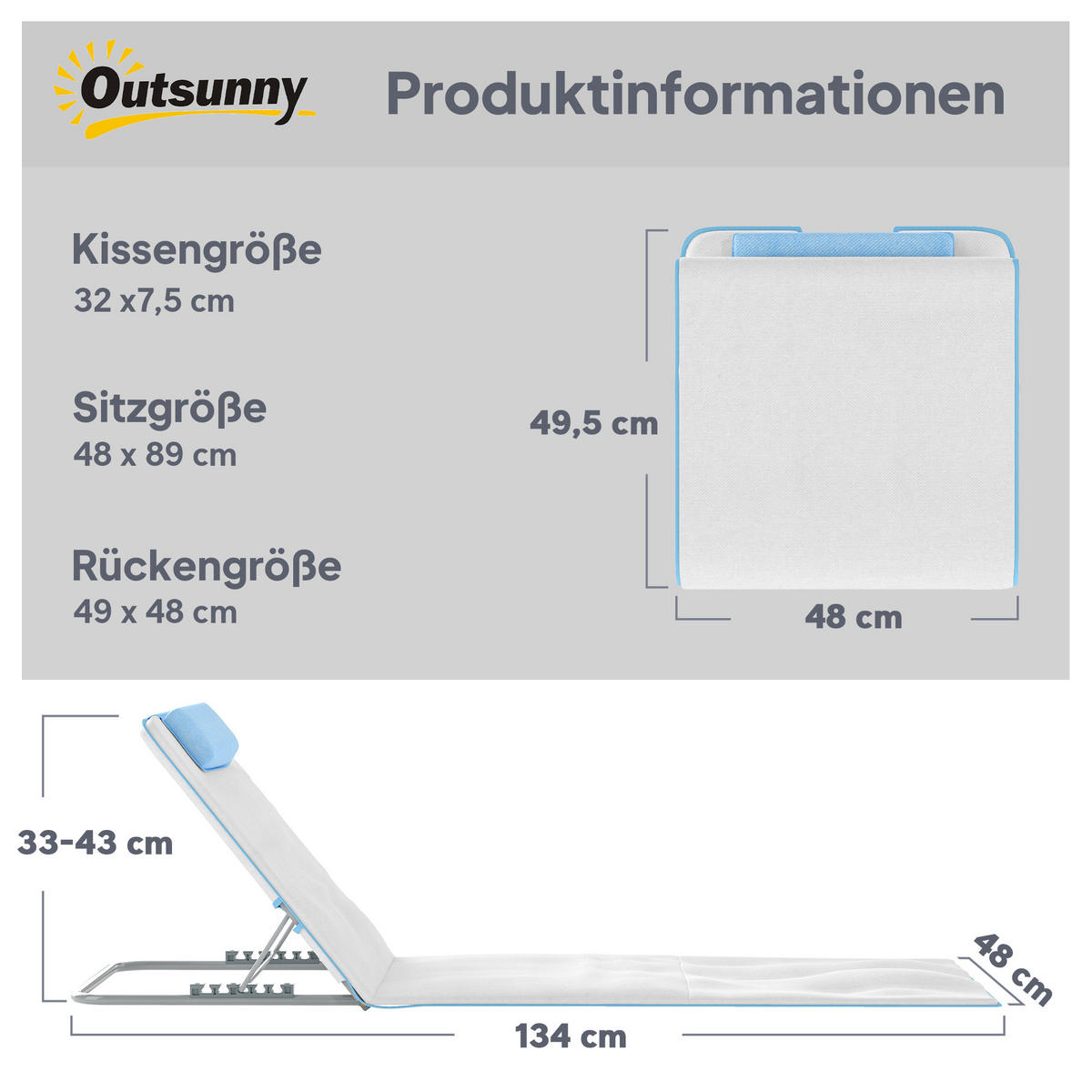 HÖHENVERSTELLBARE STRANDLIEGE, 134 x 48 x 33-43 cm, Stahl, Beige - Beige, Kunststoff (48/43/134cm) - Outsunny
