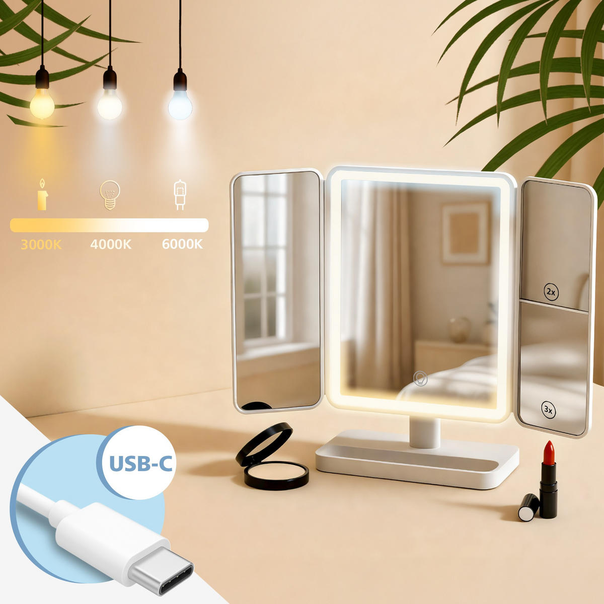 SCHMINKSPIEGEL eckig 18/10/29 cm Kunststoff Weiß - Weiß, Kunststoff (18/29/10cm) - CLP