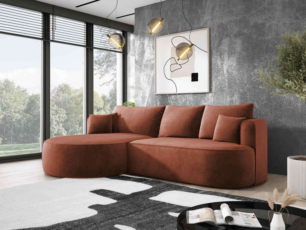 ECKSOFA FIORE L-förm Moderne Ausziehbare Schlaf-Funktion, automatischer Auffaltung, lose Rückenkissen freistehend LINKS 284x183x82cm Bronze - Bronzefarben, Holz/Textil (284/183cm) - DomoHome