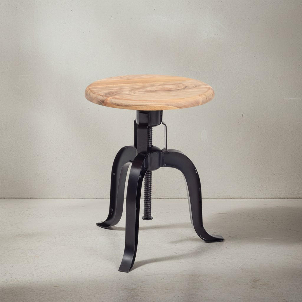 DREHHOCKER – Akazie Massivholz/Eisen, höhenverstellbar, Industrial-Stil - Schwarz/Braun, Holz/Metall (39/48/39cm) - KADIMA DESIGN