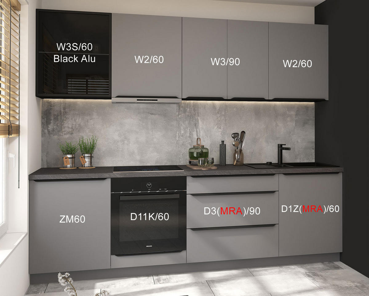 KÜCHENLEERBLOCK Bonn dust grey matt / lava matt 270 / 50 / 208cm mit Teilauszug (Blum Metabox) - Graphitfarben/Grau, Holzwerkstoff/Metall (270/208/50cm) - Feldmann-Wohnen