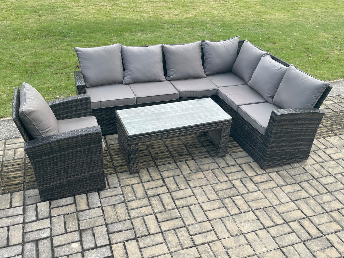 LOUNGEGARNITUR mit Couchtisch Sofa Polyrattan Dunkelgrau 7-Sitzer - Dunkelgrau/Grau, Glas/Kunststoff - Fimous