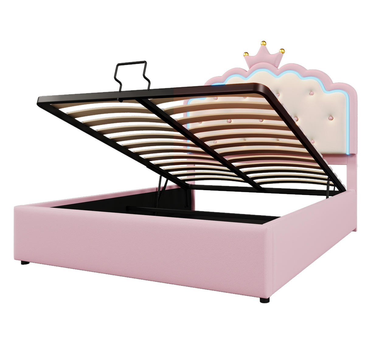 POLSTERBETT 140/200 cm mit Lattenrost, LED-Beleuchtung, hydraulischem Stauraum und Kronendesign, Rosa - Rosa, Kunststoff (140/200cm) - Redom