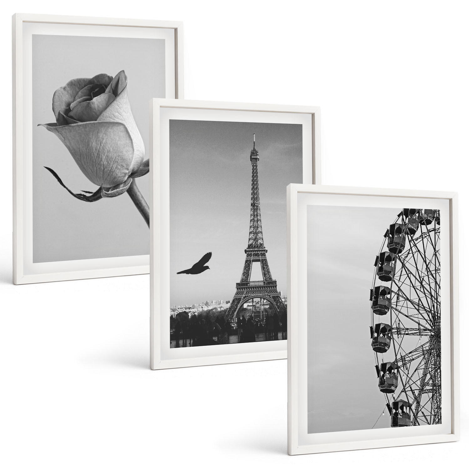 BILDER SET 3er Set - 40x60 cm Weißer Rahmen - Rose Eiffelturm Riesenrad - Weiß, Kunststoff (40/60cm) - TULUP