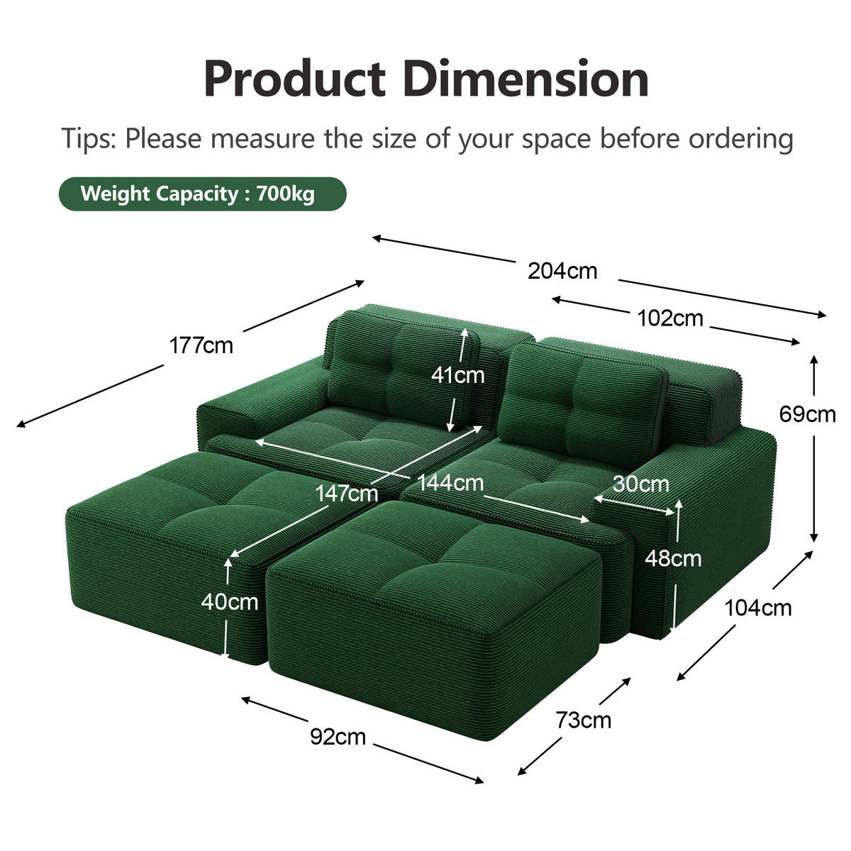 2-SITZER SOFA Cord Grün mit Ottoman - Grün, Textil (204/69/177cm) - WISHDOR