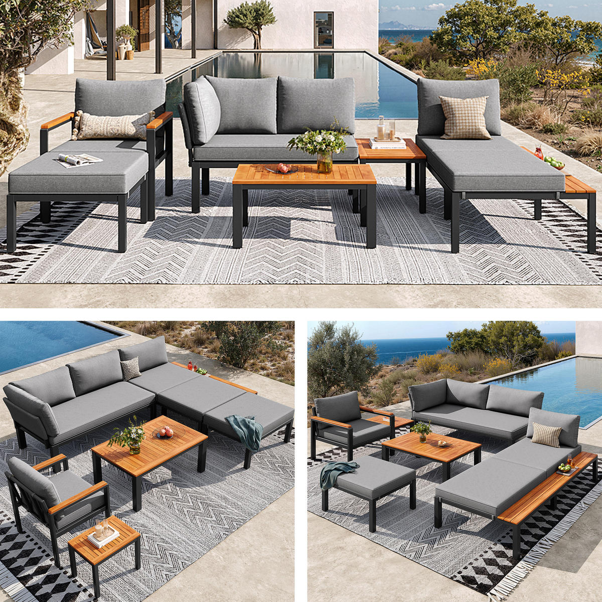GARTENLOUNGE Grau modular Metallrahmen Kissen Tisch Set - Grau, Holz - FLIEKS