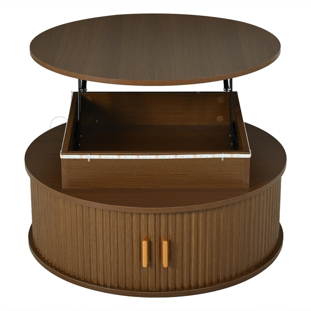 COUCHTISCH DE-37119 rund mit LED und 2 Rolltüren Nussbaum - Walnussfarben, Holzwerkstoff (75/75/36.5cm) - ComfortXL