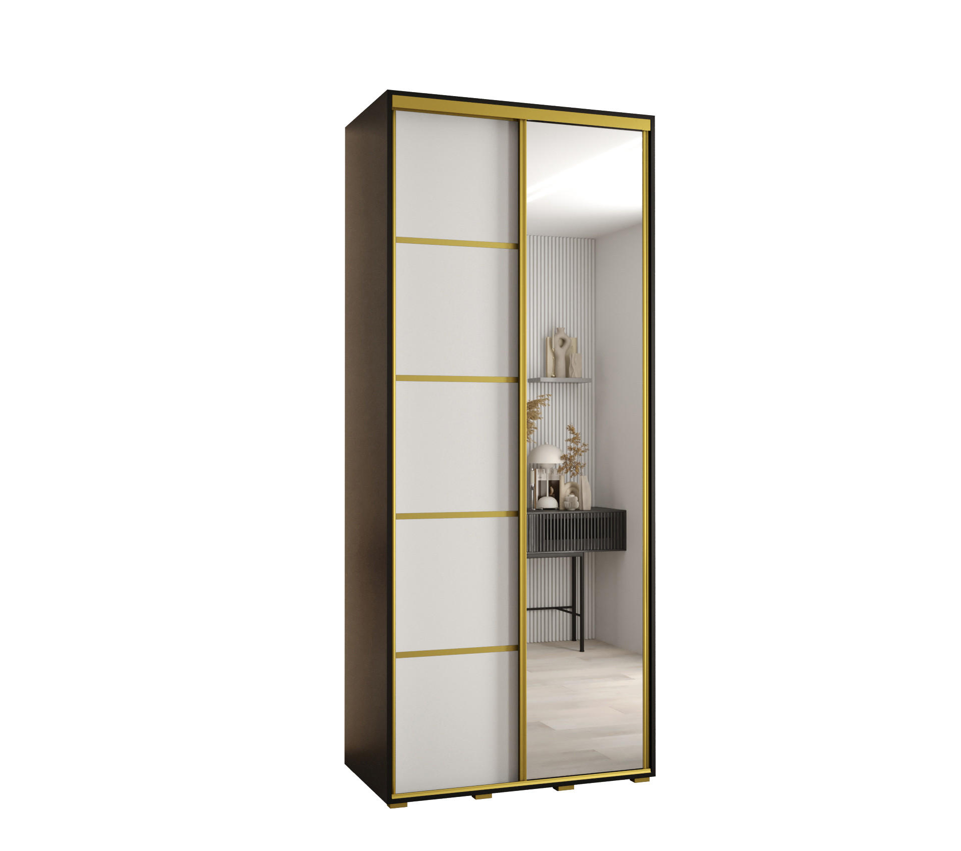 Abiks Möbel Schwebetürenschrank Schwarz, Weiß, Gold 100x235x45 cm