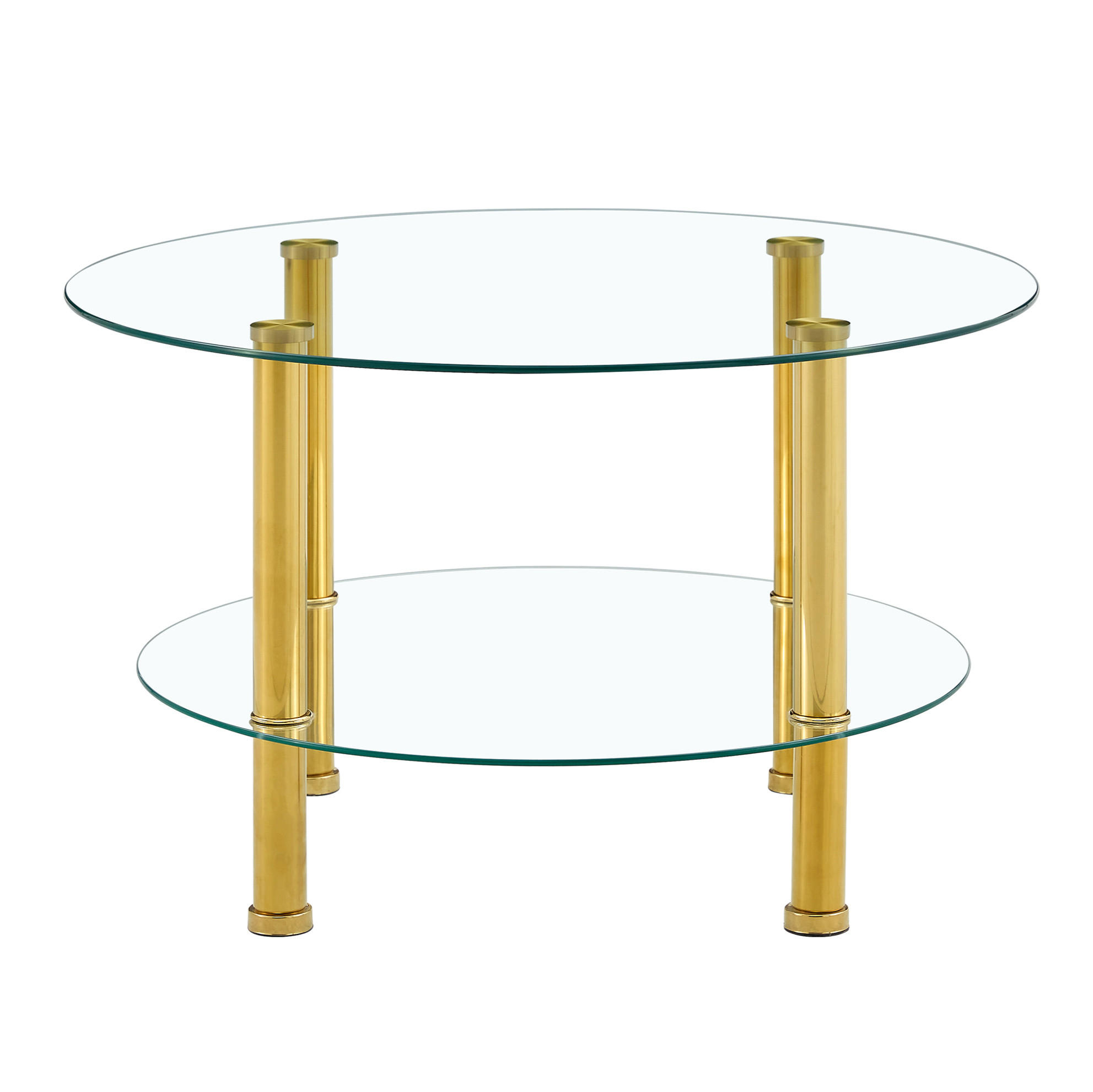 Modfu KONFERENČNÍ stolek ze skla a kovu 70x70x42 cm zlatá/průhledná dvouúrovňový s odkládací plochou