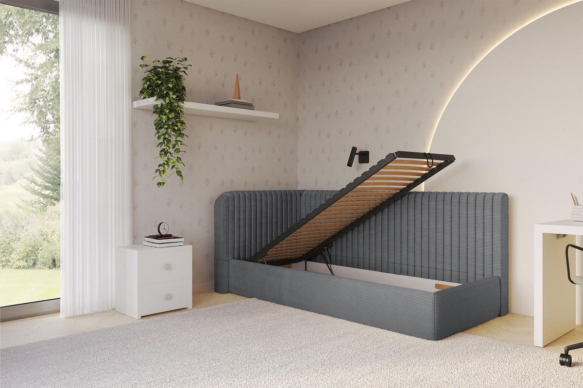 EINZELLBETT Jugendbett mit Bettkasten und Matratze H3/H4, Rechts - AURY 80x200 Dunkelgrau - Schieferfarben, Holzwerkstoff/Textil (80/200cm) - ALTDECOR