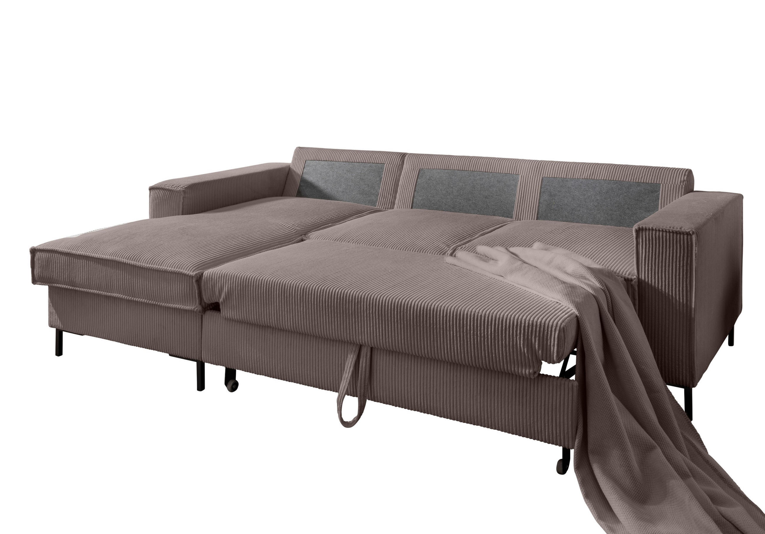 ECKSOFA mit Schlaffunktion, Bettkasten, Wellenunterfederung, Récamiere links B240/T150/H92 cm, Liegefl. 125x198 cm, Cord Braun Taupe / 17225 - Taupe/Schwarz, Textil/Metall (240/150cm) - luma-home
