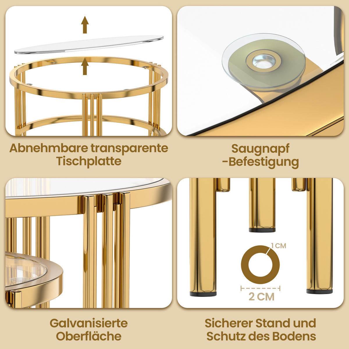 COUCHTISCH Wohnzimmertisch für couch Sofatisch mit abnehmbarer Tischplatte und Rutschfeste Saugnäpfe, bis 400 °C - Goldfarben, Glas/Metall (80/80/45cm) - STILVORA