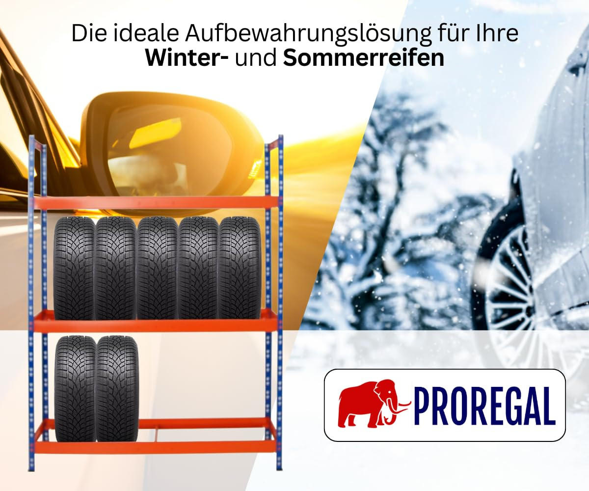 REIFENREGAL Tiger XL 200x150x45 cm 300 kg Fachlast bis zu 18 Reifen auf 3 Ebenen Blau/Orange - Blau/Orange, Metall (150/200/45cm) - PROREGAL